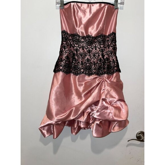Vintage Jessica McClintock Y2K 80's 90's Pink Strapless Mini Dress Lace & Ruf - Picture 3 of 8